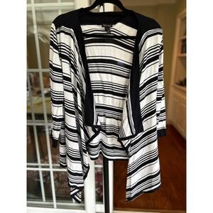 EUC White House Black Market Black White Striped Knit Open Front Cardigan XL